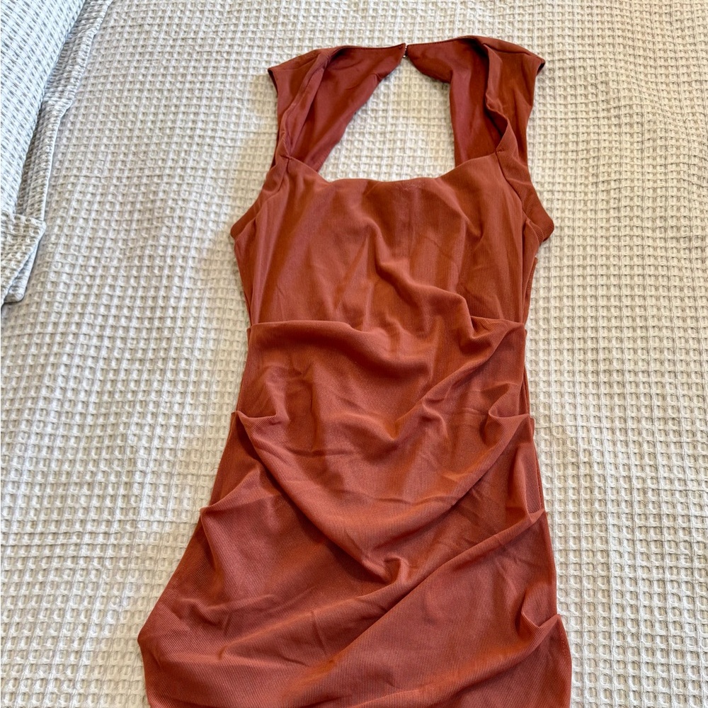 Fashion Nova Orange Ruched Sheath Midi Dress